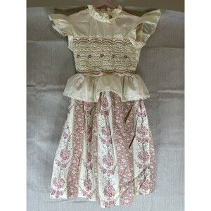 Vintage Polly Flinders Cream Pink Smocked Lace Bib Floral Modest Belted Dress 8